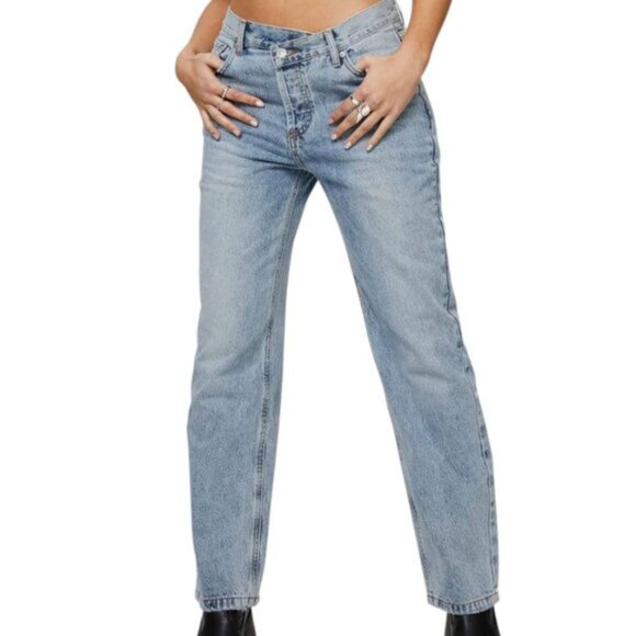 Princess Polly Acid Wash Jeans Cross Over Button Up Relaxed Leg Women's Size 8 - Picture 1 of 7